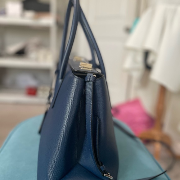 Prada Blue Saffiano Leather Double Twist Lock Cuir Twin Top Handle/Satchel - Picture 15 of 16
